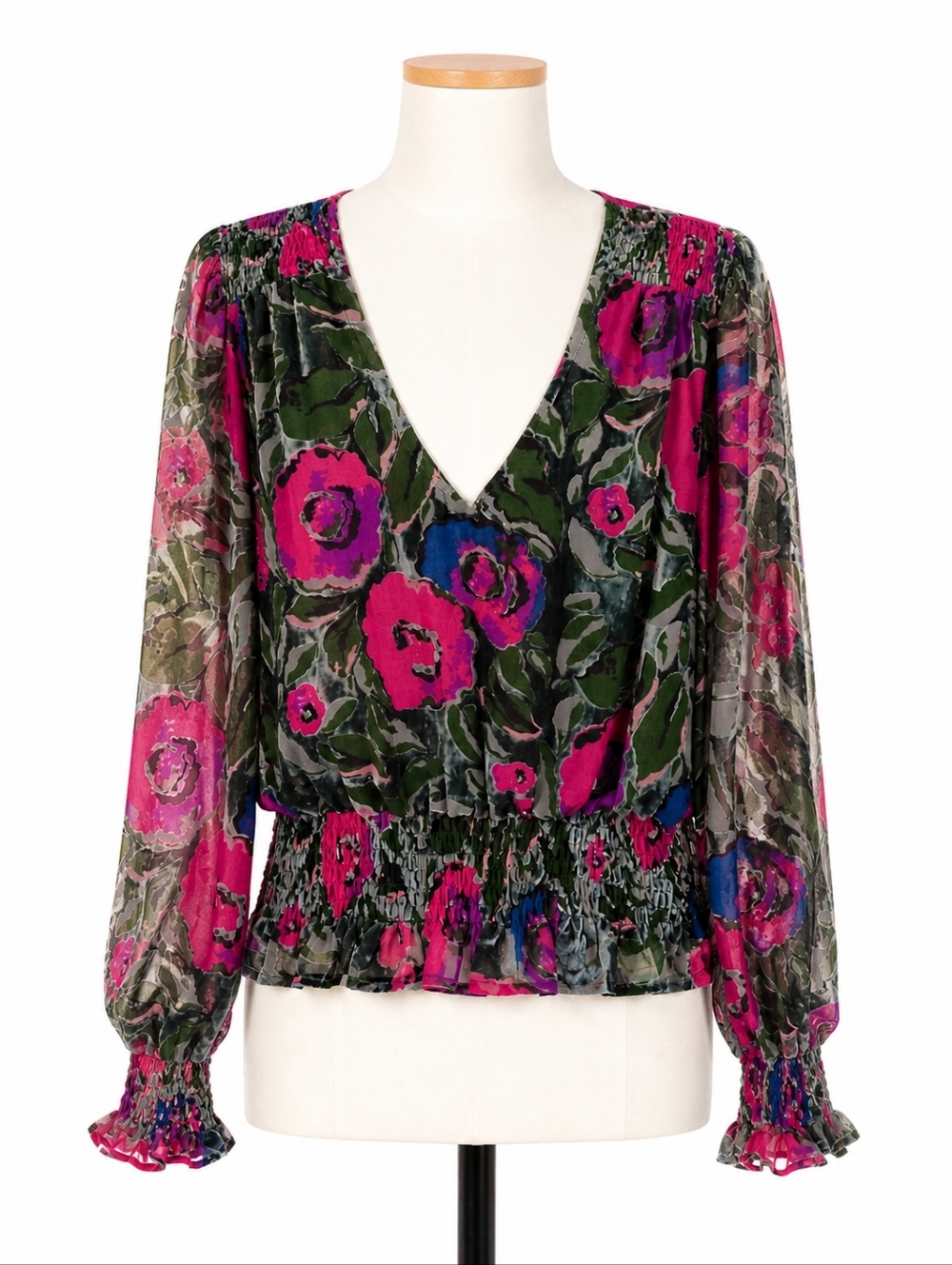 Another Love NWT Candace Floral Velvet Burnout Smocked Hem Top L Fairy Grunge